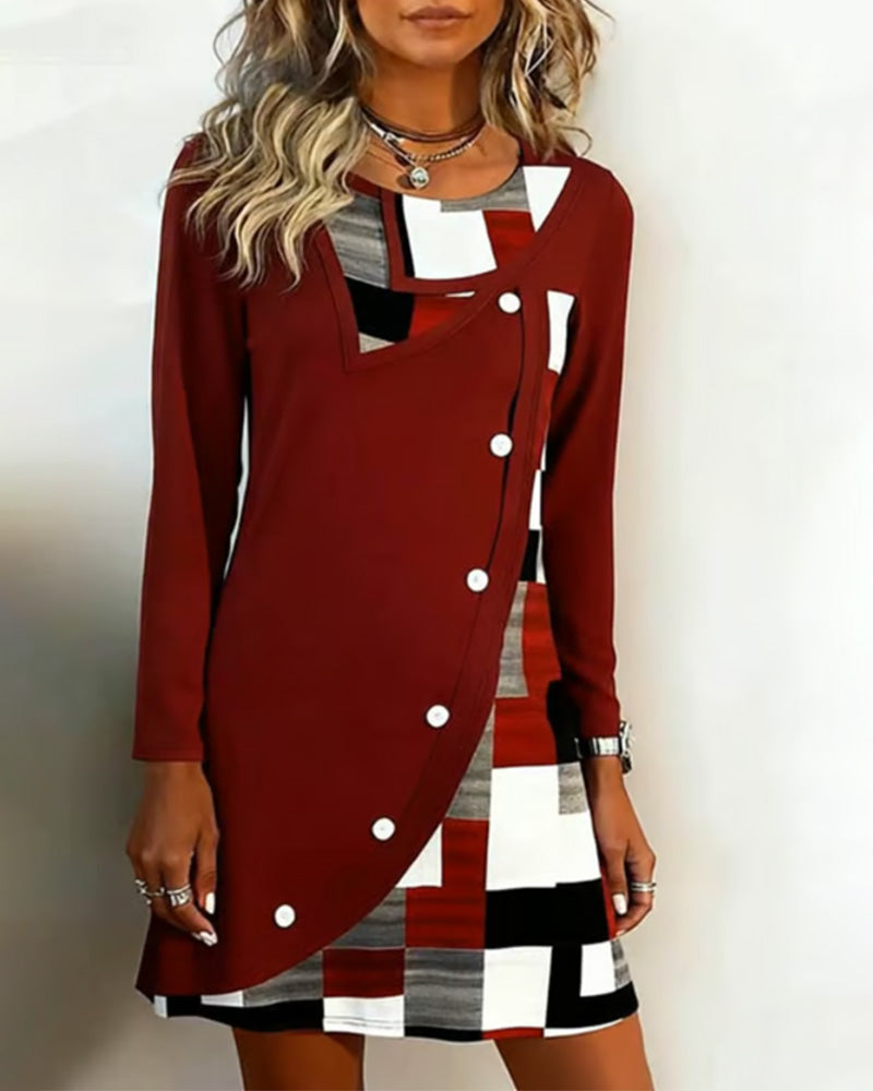 Long-Sleeved Color-Blocked Printed Dress