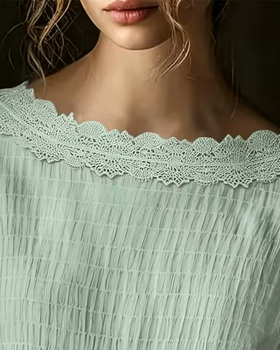 Crew Neck Smocked Lace Panel Solid Blouse