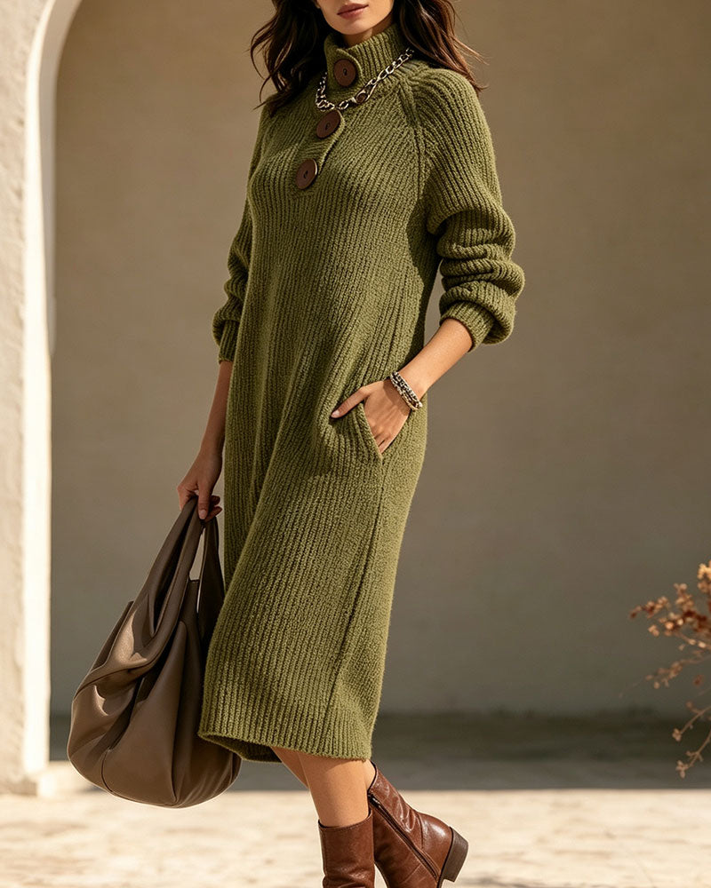 Turtleneck Button Pocket Dress