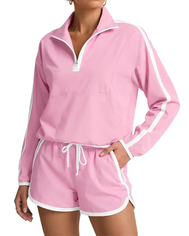 Zipper-Drawstring Color-Block Casual Set