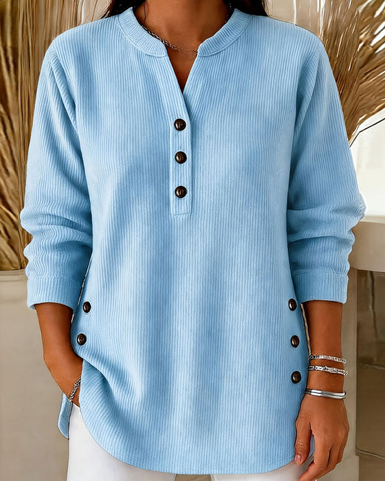 Button Solid Long Sleeve Blouse