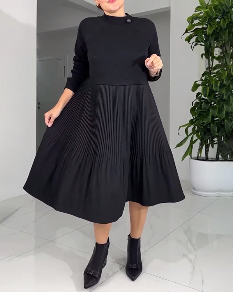 Pleated Paneled Long-Sleeved Dress