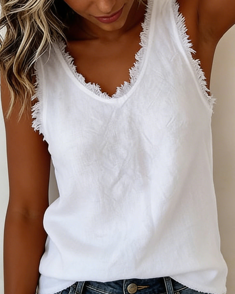 Raw-Edge V-Neck Sleeveless Tank Top
