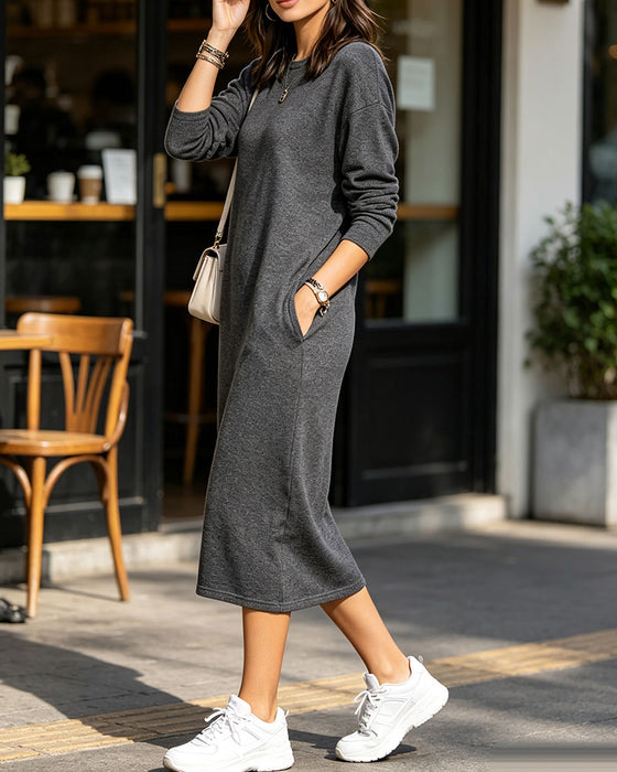 Crew Neck Pocket Solid Dress