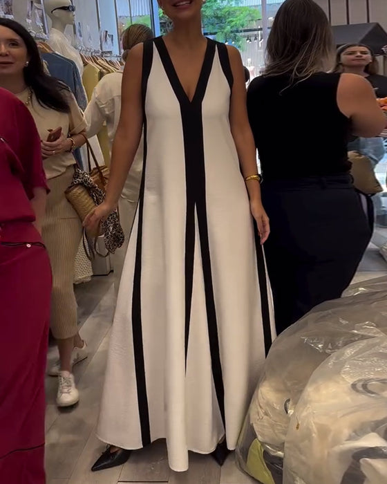 V-Neck Sleeveless Colorblock Loose Dress