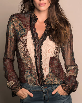 Retro-Print Patchwork Long-Sleeved Shirt