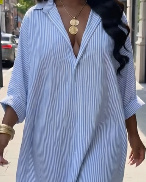 Long Sleeve Lapel Loose Striped Shirt Dress