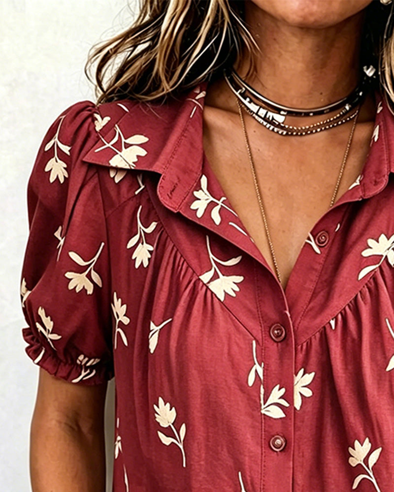 Bubble Sleeve Casual Shirred Blouse