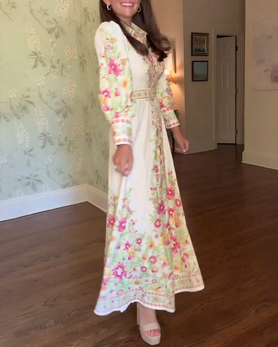 Elegant floral print lapel long sleeve maxi dress