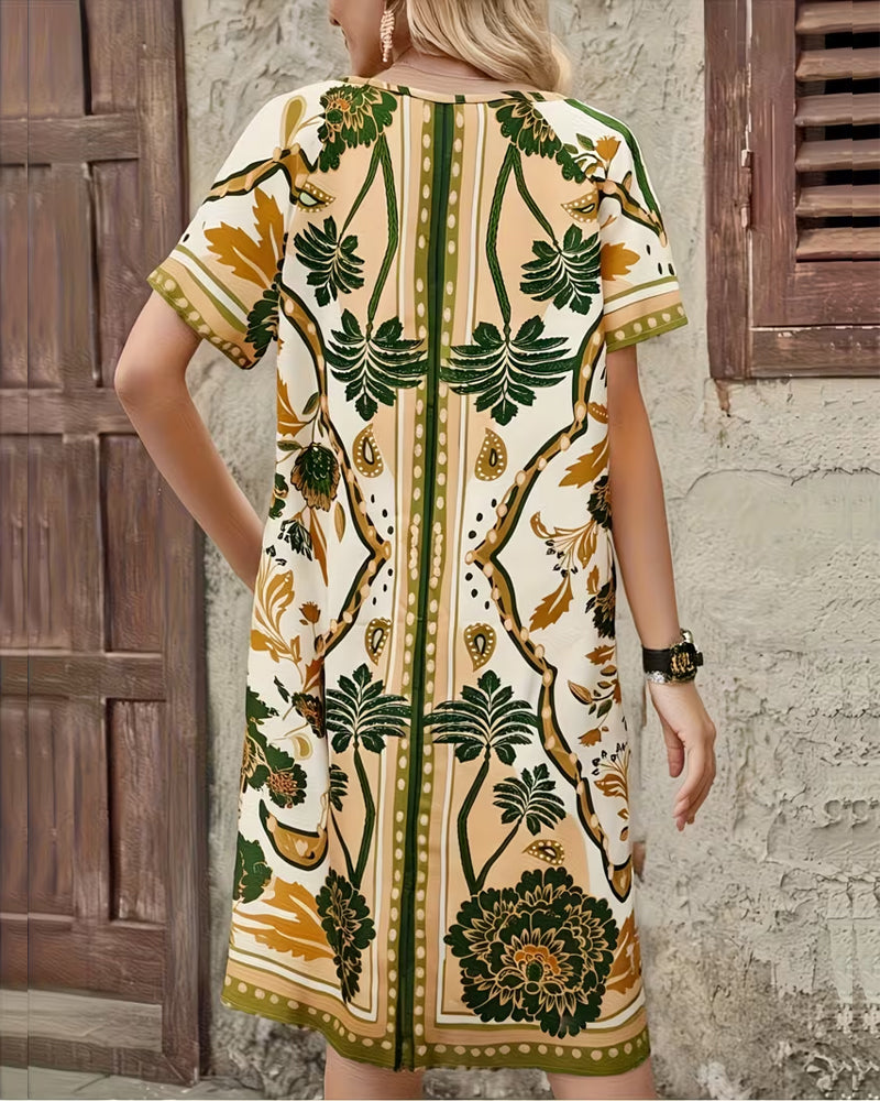Tropical Floral Print Loose Fit A-Line Dress