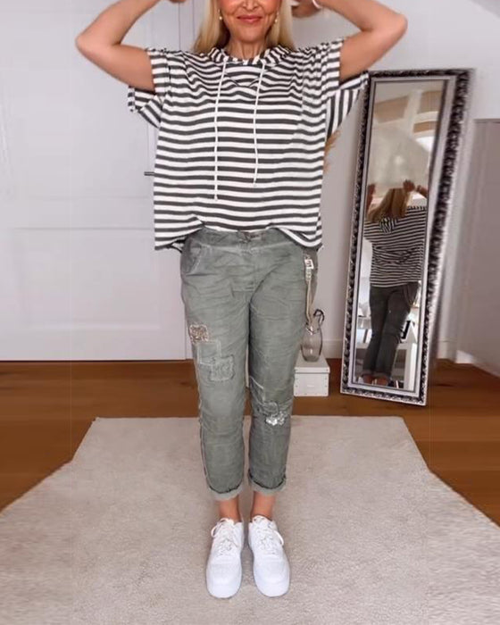 Hooded Casual Striped T-Shirt
