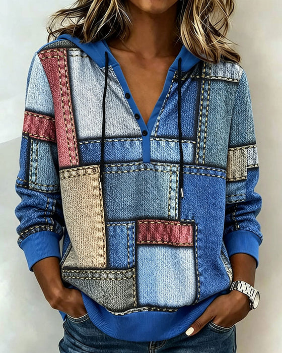 V-Neck Color-Block Button Hoodie