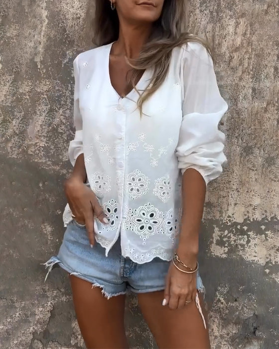 V-neck Buttoned Lace Hollow-out Blouse