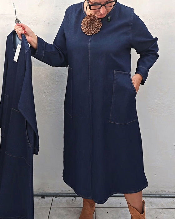 Crew Neck Pocket Straight Long Sleeve Denim Dress