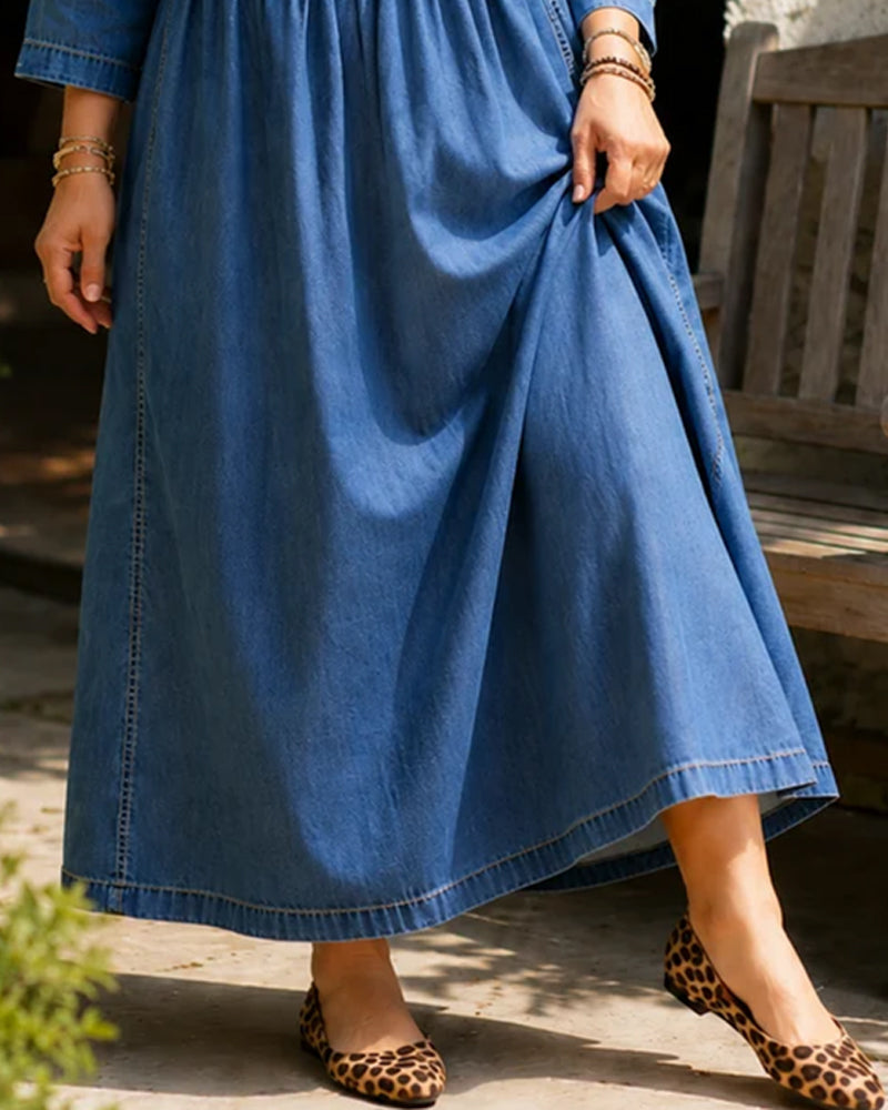 Round Neck Pleated Long Sleeve Denim Dress