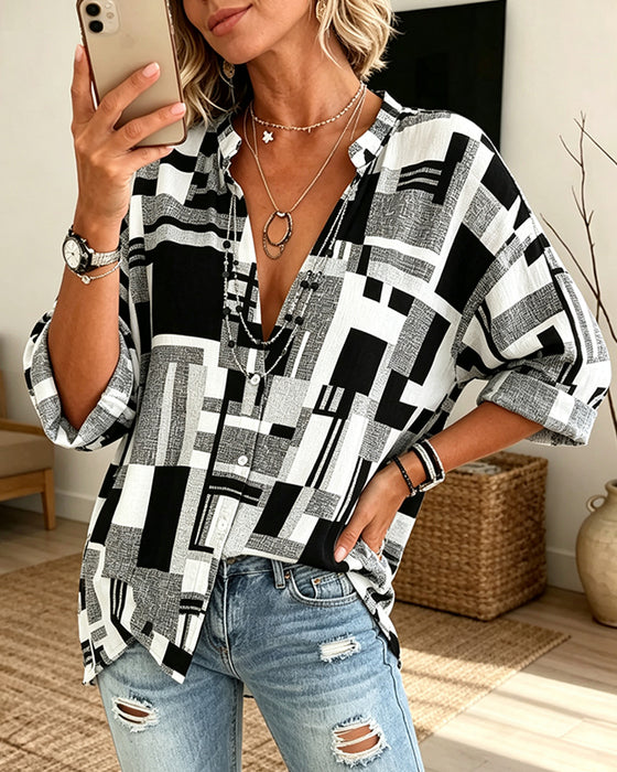 Geometric Print V-Neck Relaxed Blouse