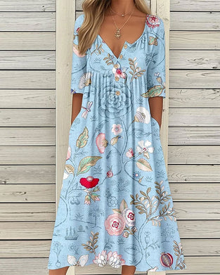 Half-Sleeve Printed Pleated A-Line Dress