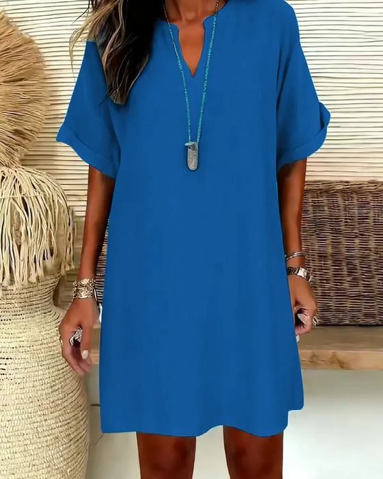 V-Neck Short Sleeve Solid Sheath Dress