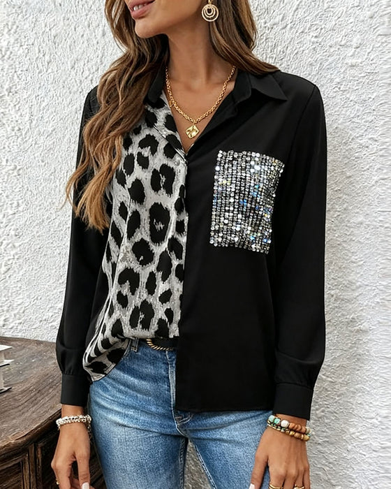 Leopard Print Contrast Rhinestone Shirt