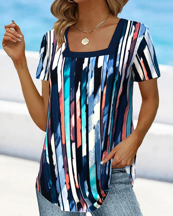 Short-Sleeved Wide Collar Printed T-Shirt