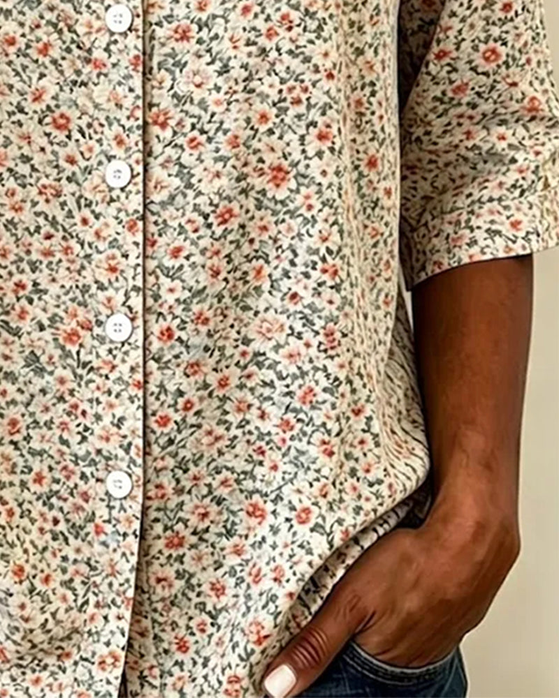 Crewneck Button Floral Three-Quarter Sleeve Blouses