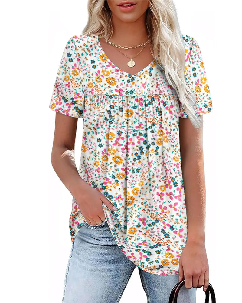 Floral V-Neck Short-Sleeved Blouse