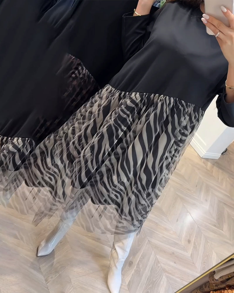 Round Neck Patchwork Mesh Print Dress