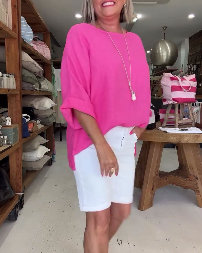 Pure Color Crew Neck Cotton Linen Top