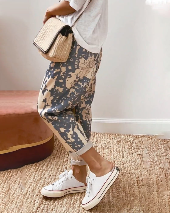 Retro Distressed Print Drawstring Casual Pants