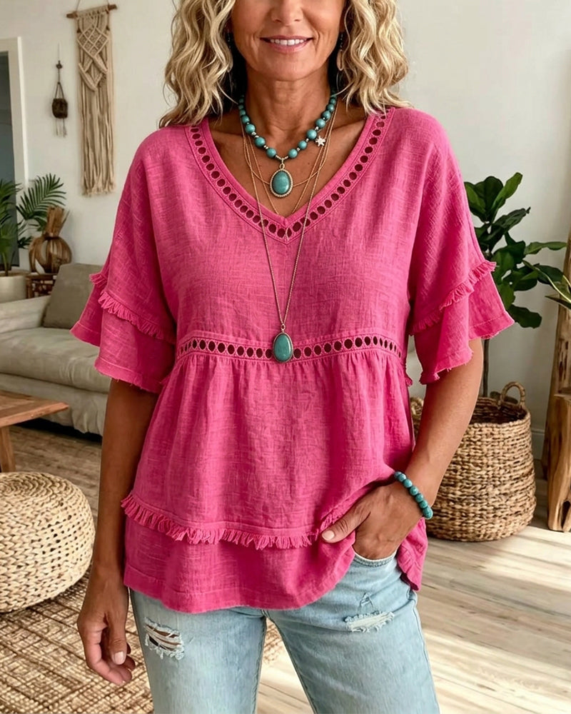 Cutout Fringe V-Neck Flare Sleeve Blouse