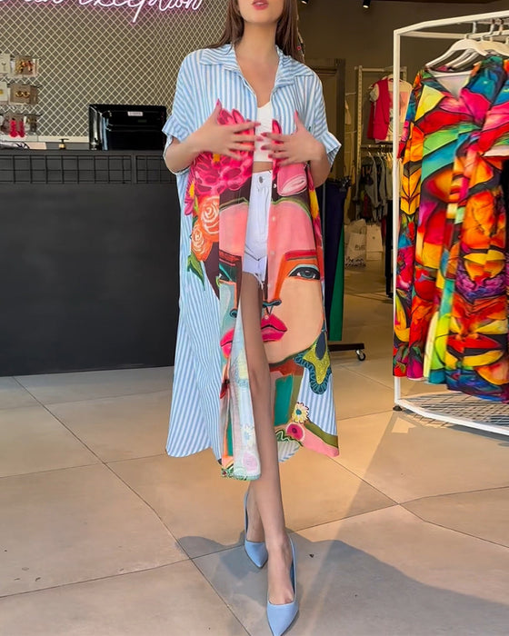 Vertical striped character print lapel slit blouse