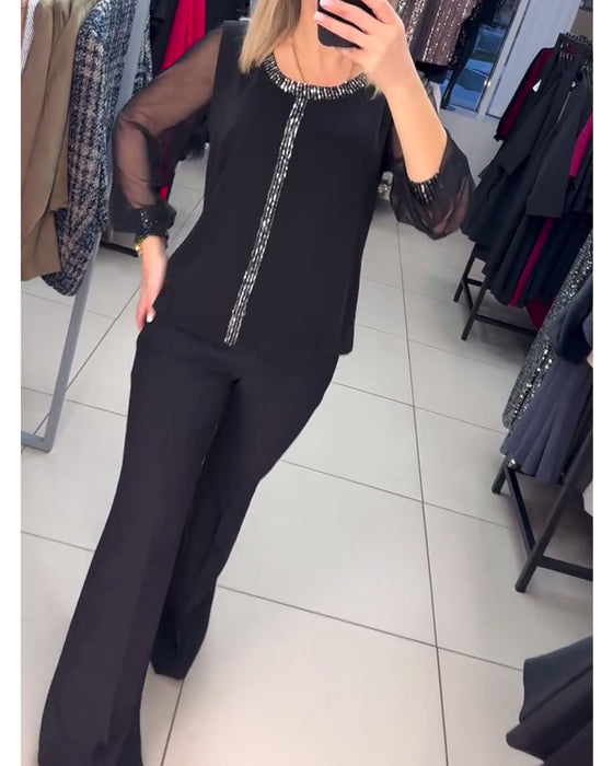 Sequin Panel Long Sleeve Blouse