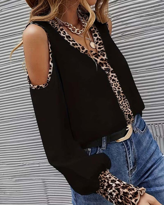 Off-Shoulder Leopard Patchwork Long Sleeve Blouse