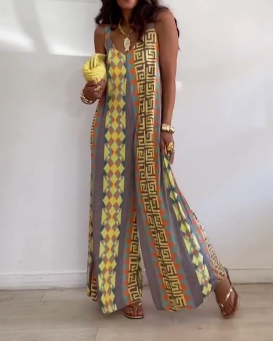 Geometric Print Spaghetti Strap Wide Leg Jumpsuit