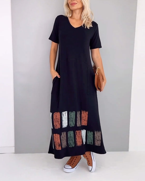 V-Neck Printed Slit Casual Short-Sleeved Dress