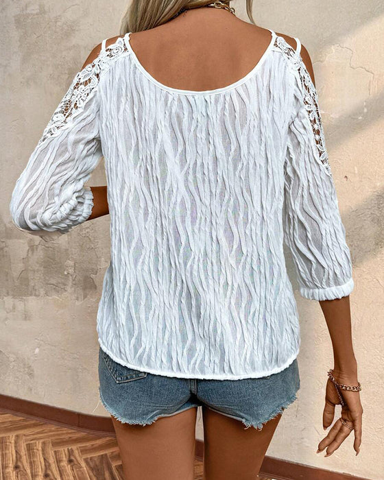 Lace Off-Shoulder Ruched Textured Blouse