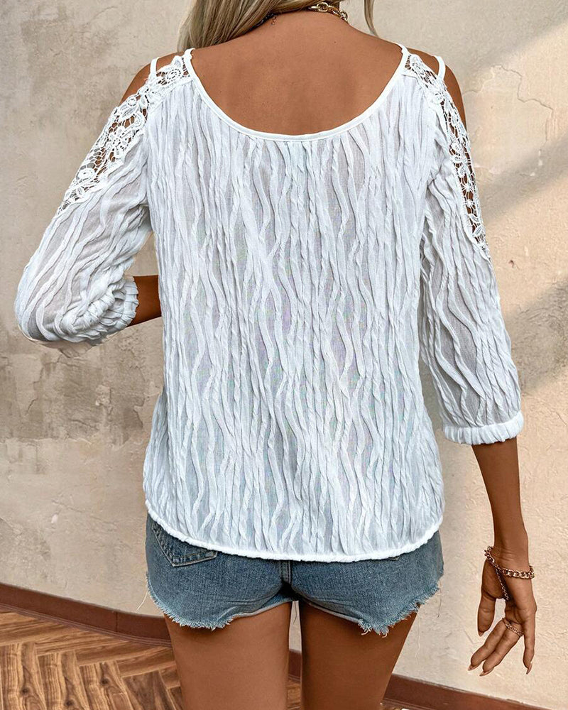 Lace Off-Shoulder Ruched Textured Blouse