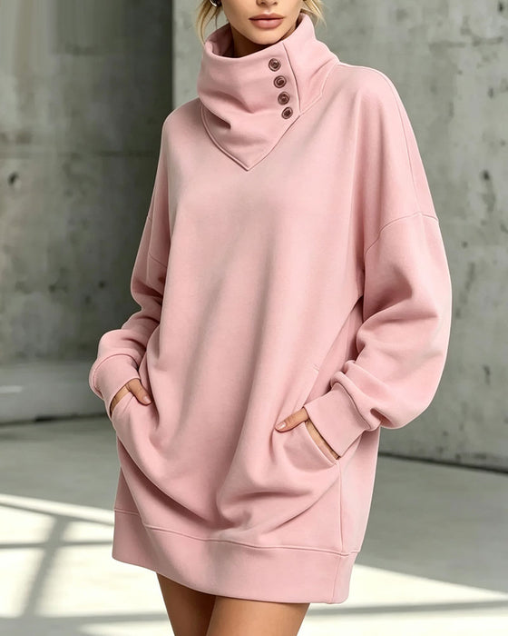 Turtleneck Diagonal Button Loose Fit Dress
