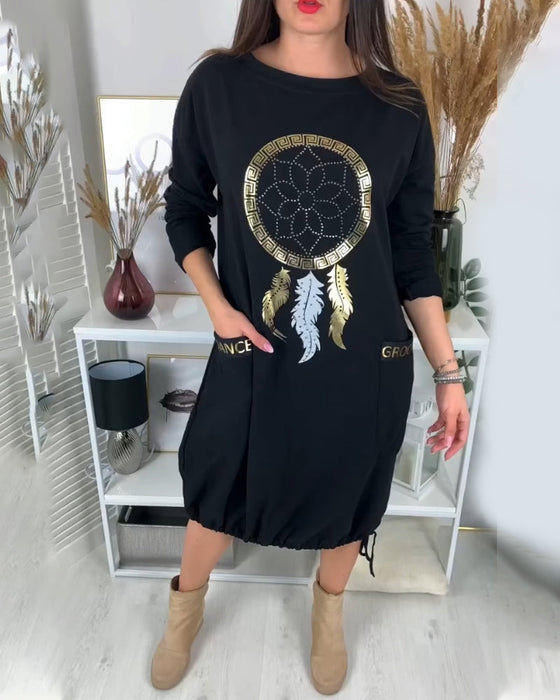 Drawstring round neck pockets dress