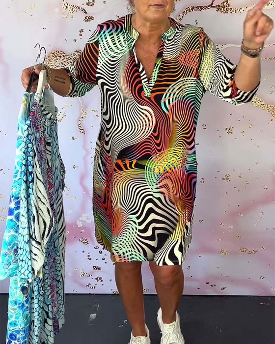 Colorful printed V-neck half-sleeve pocket dress