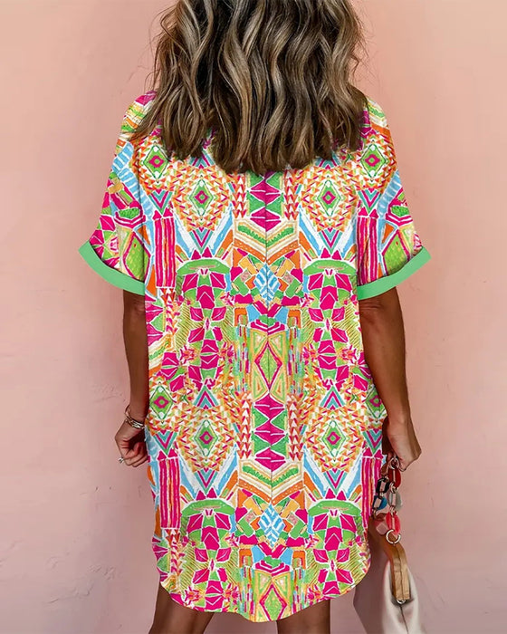 Lapel Colorful Print Shirt Dress