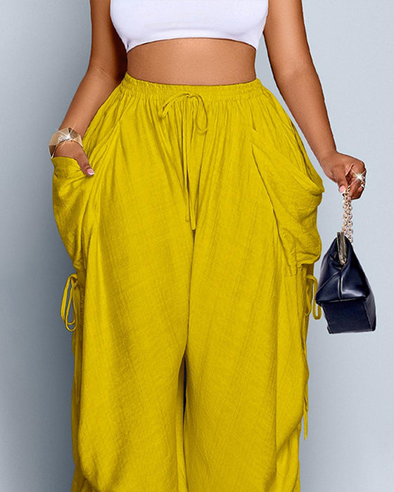Solid Color Pleated High-Waist Wide-Leg Pants