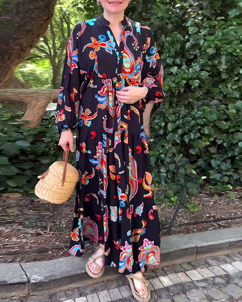 Vintage printed long sleeve patchwork dress