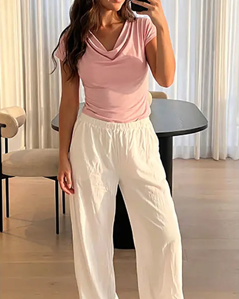 Draped Cowl Neck Short Sleeve T-Shirt