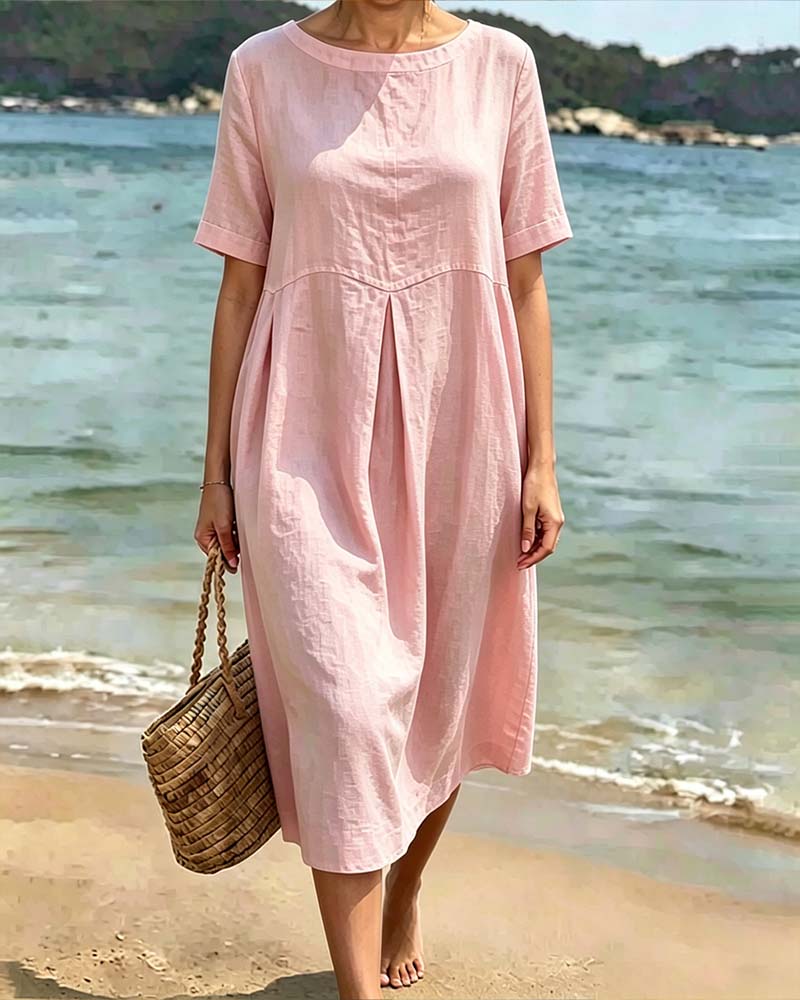 Round Neck Short Sleeve Solid Relaxed Dress