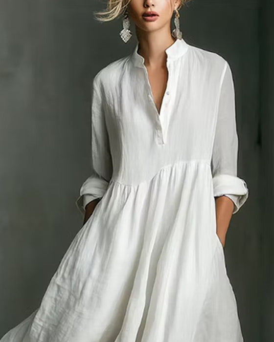 Mandarin Collar Half Button A-Line Dress