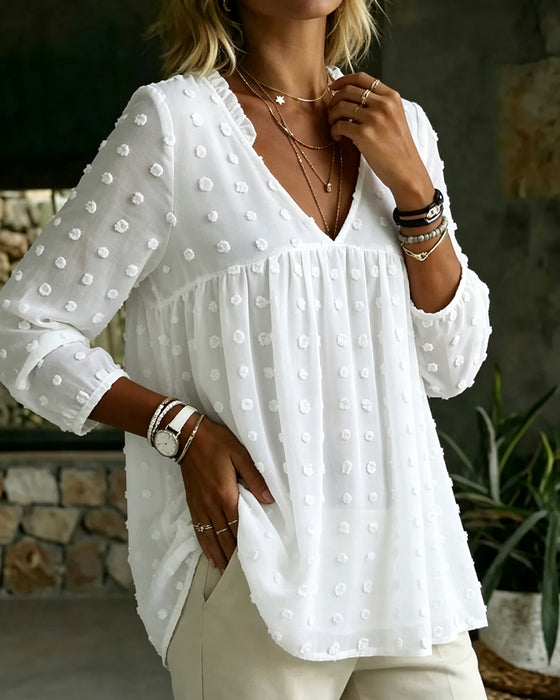 V-Neck Long Sleeve Pleated Blouse