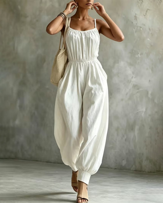 Spaghetti Strap Pleated Waist-Cinching Wide Leg Jumpsuit
