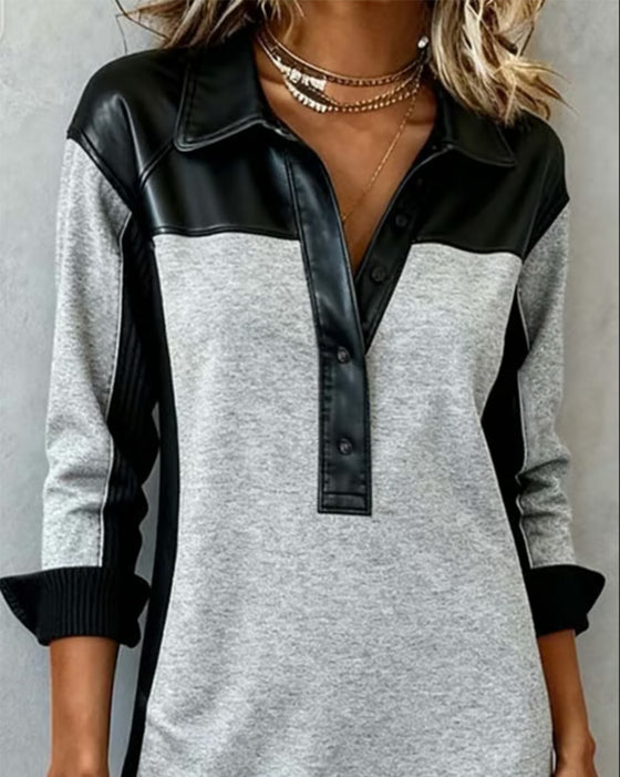 Long-Sleeved Patchwork Collared Dress