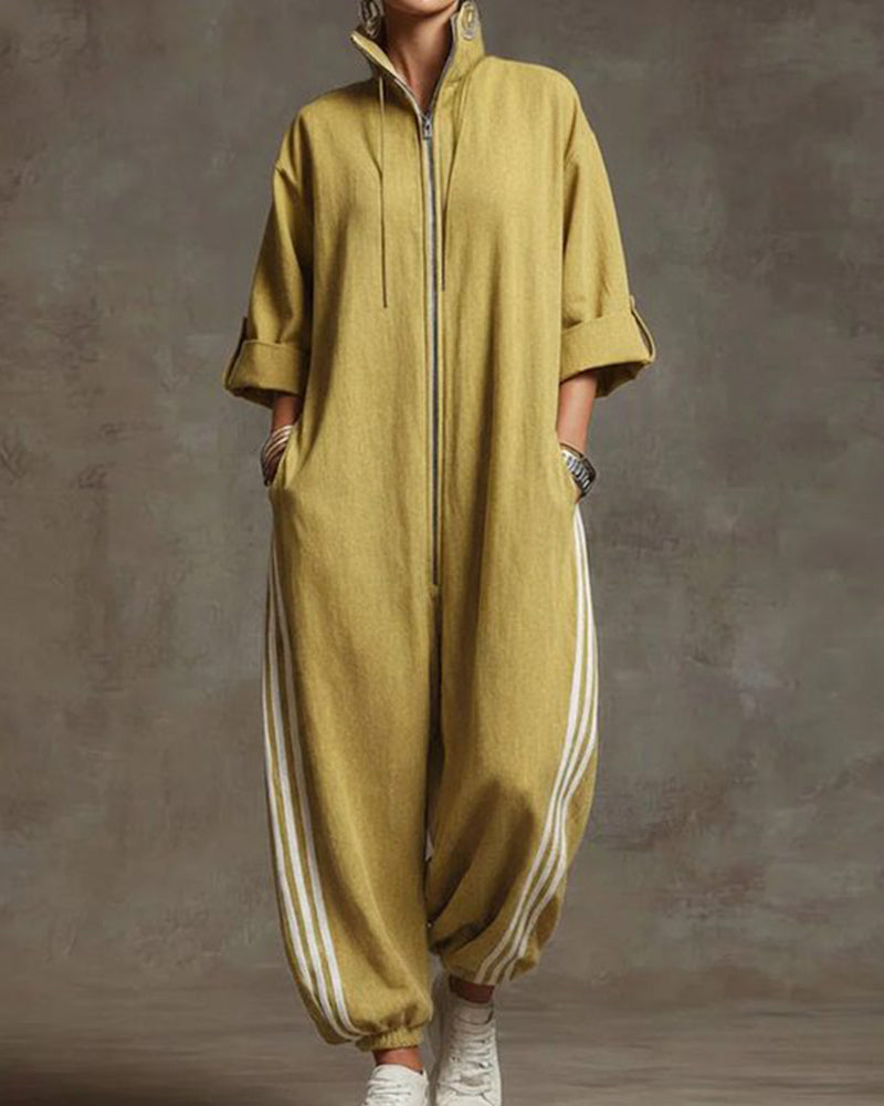 Striped Sporty Zip Jumpsuit